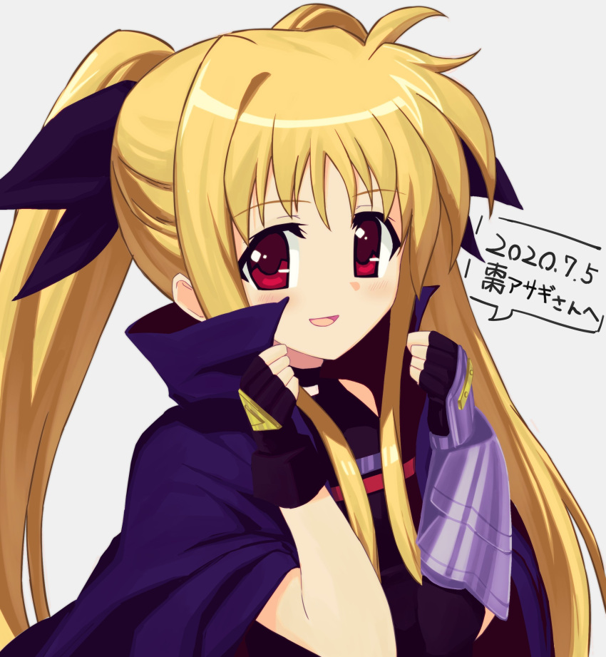 1girl absurdres bangs black_cape black_gloves black_leotard black_ribbon blonde_hair cape commentary_request dated eyebrows_visible_through_hair fate_testarossa fingerless_gloves gauntlets gloves hair_ribbon highres leotard long_hair looking_at_viewer lyrical_nanoha magical_girl mahou_shoujo_lyrical_nanoha naganegi_sinsen open_mouth red_eyes ribbon simple_background single_gauntlet sleeveless smile solo translated twintails upper_body