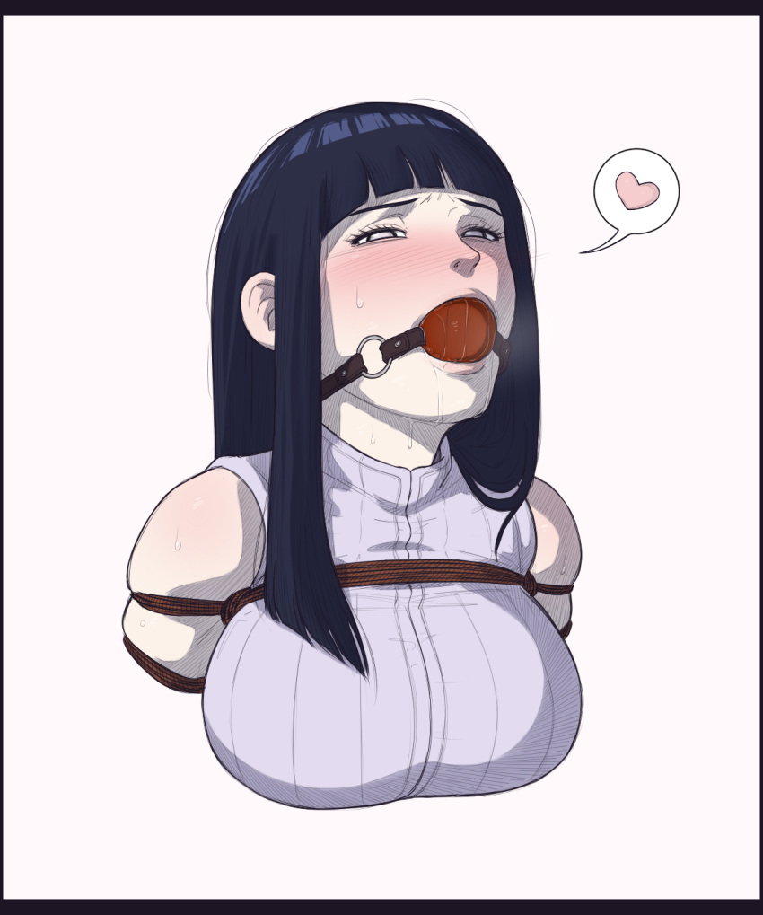 1girl ball_gag bangs bare_shoulders bdsm black_hair blunt_bangs blush bondage bound breasts english_commentary gag gagged heart highres hyuuga_hinata large_breasts long_hair looking_at_viewer naruto_(series) naruto_shippuuden rope saliva simple_background solo speech_bubble sweat tied_up upper_body white_background wtfeather