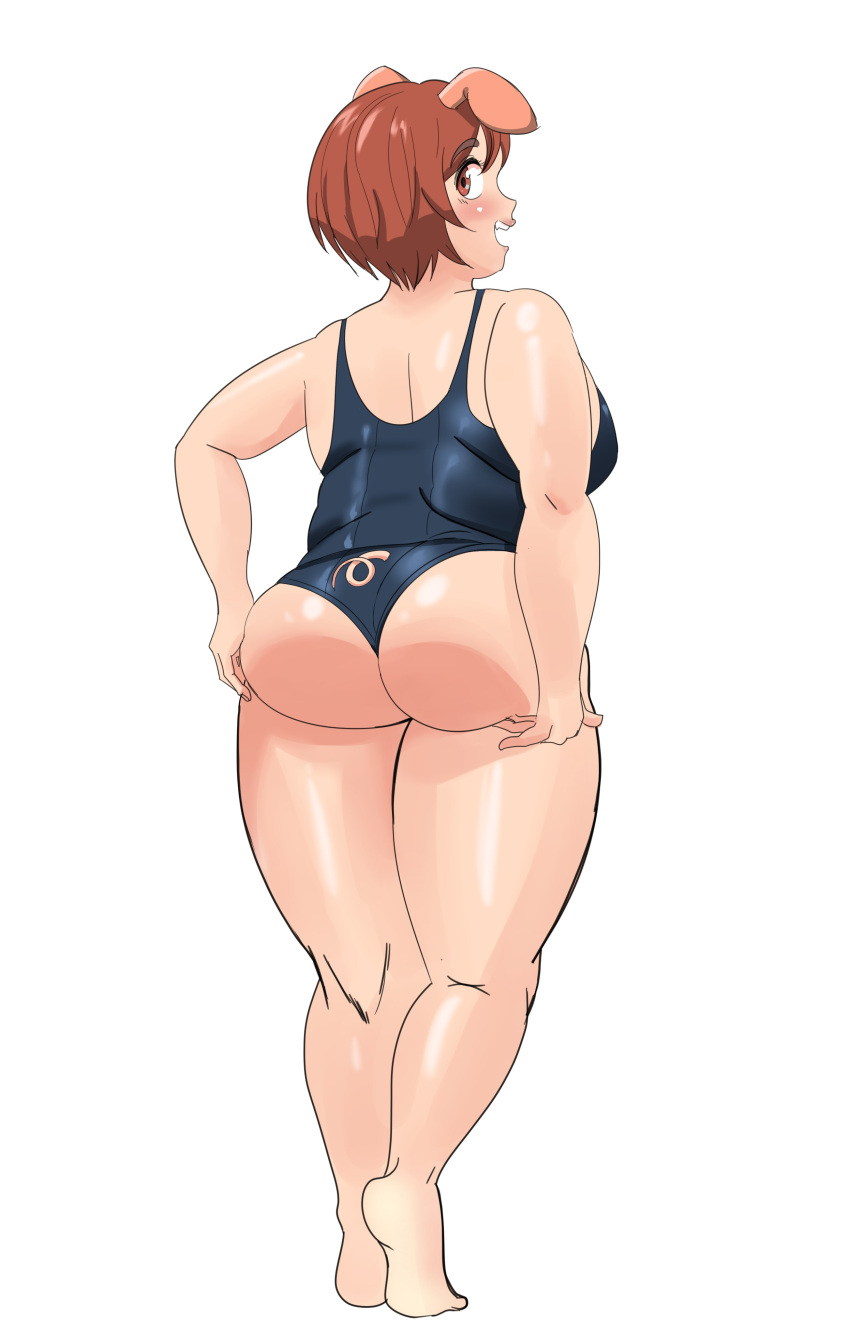 absurdres animal_ears ass barefoot breasts chadgarciaburg elf-san_wa_yaserarenai. highres orc pig_ears pig_tail plump red_hair short_hair swimsuit tail thighs