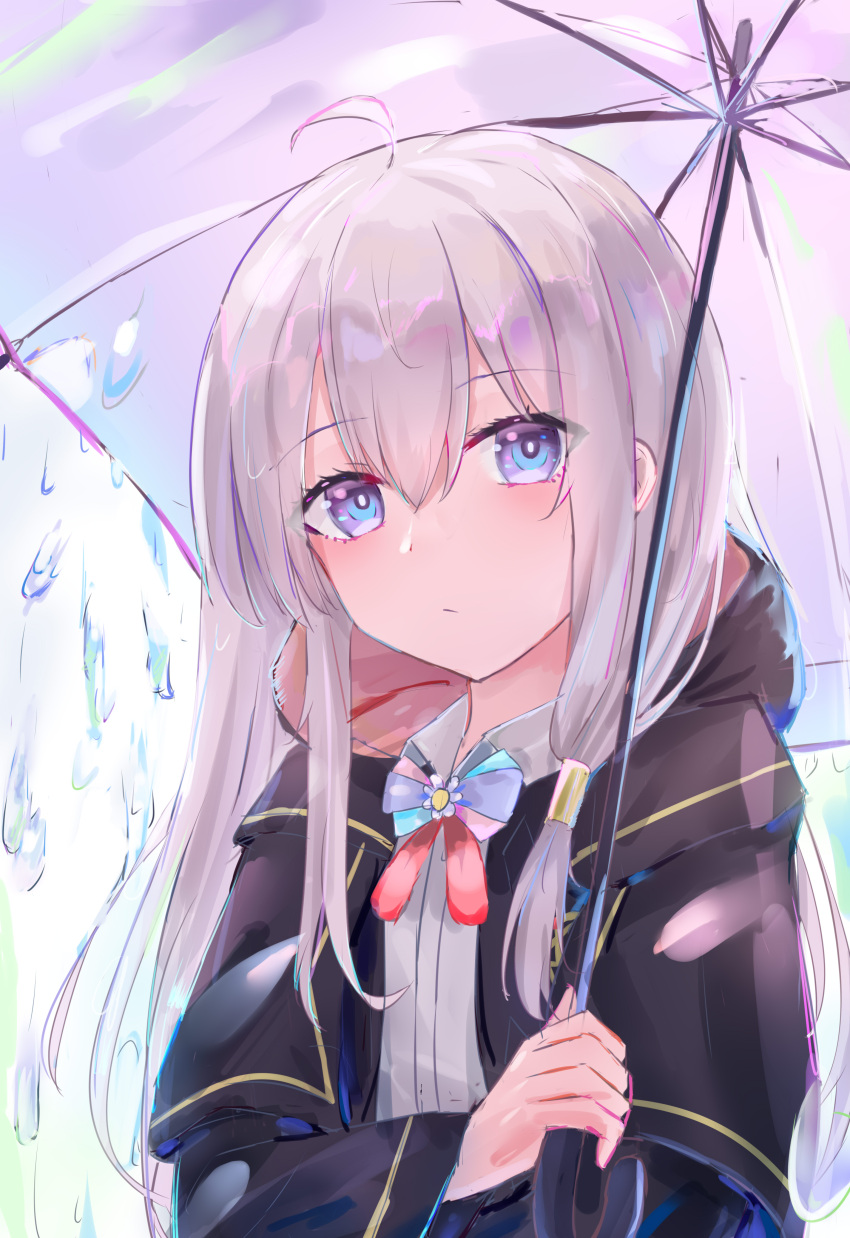 1girl absurdres ahoge bangs black_cloak blue_eyes blush bow bowtie cloak commentary dot_nose elaina_(majo_no_tabitabi) english_commentary eyebrows_visible_through_hair hair_tubes highres holding holding_umbrella long_hair long_sleeves looking_at_viewer lshiki majo_no_tabitabi multicolored_neckwear rain shirt sidelocks solo umbrella water_drop white_hair white_shirt