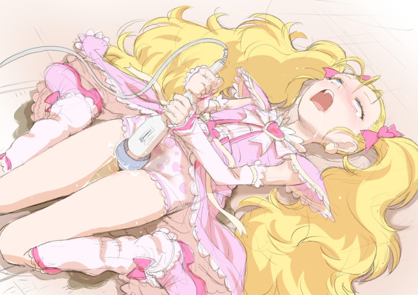 1girl blonde_hair blue_eyes futari_wa_precure futari_wa_precure_max_heart hounyouin kujou_hikari magical_girl masturbation masturbation_through_clothing open_mouth orgasm panties peeing precure ribbon rolling_eyes sex_toy shiny_luminous underwear vibrator wet wet_clothes wet_panties