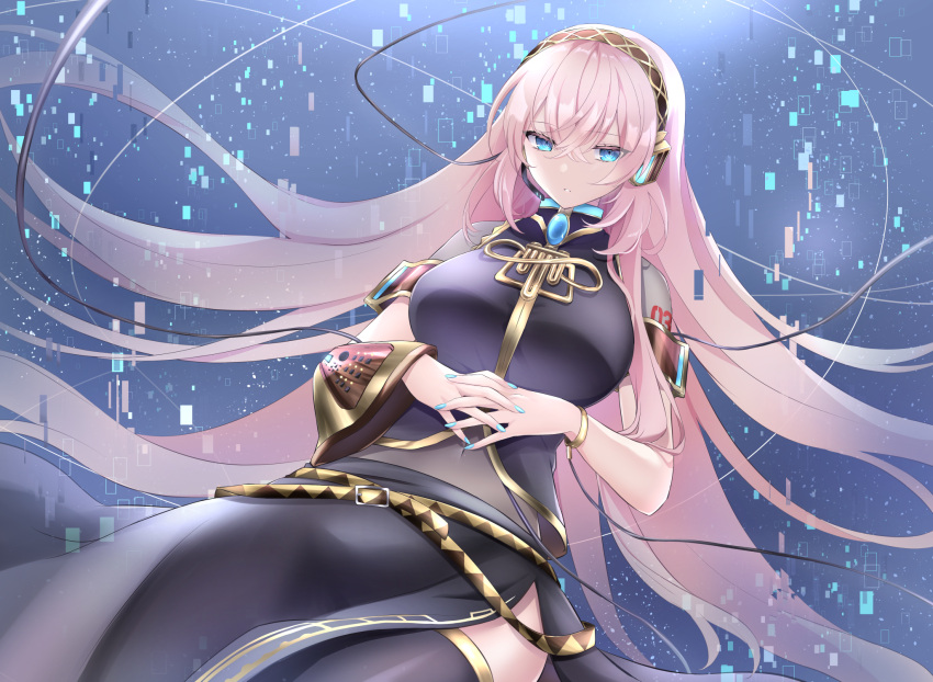1girl arm_cuffs arm_tattoo belt blue_eyes blue_nails bracelet breasts cable commentary commission covered_navel floating_hair headphones headset highres jewelry kkr_rkgk large_breasts long_hair long_skirt looking_down megurine_luka microphone midriff number number_tattoo parted_lips pink_hair pixelated side_slit skeb_commission skirt sleeveless solo tattoo thighhighs very_long_hair vocaloid