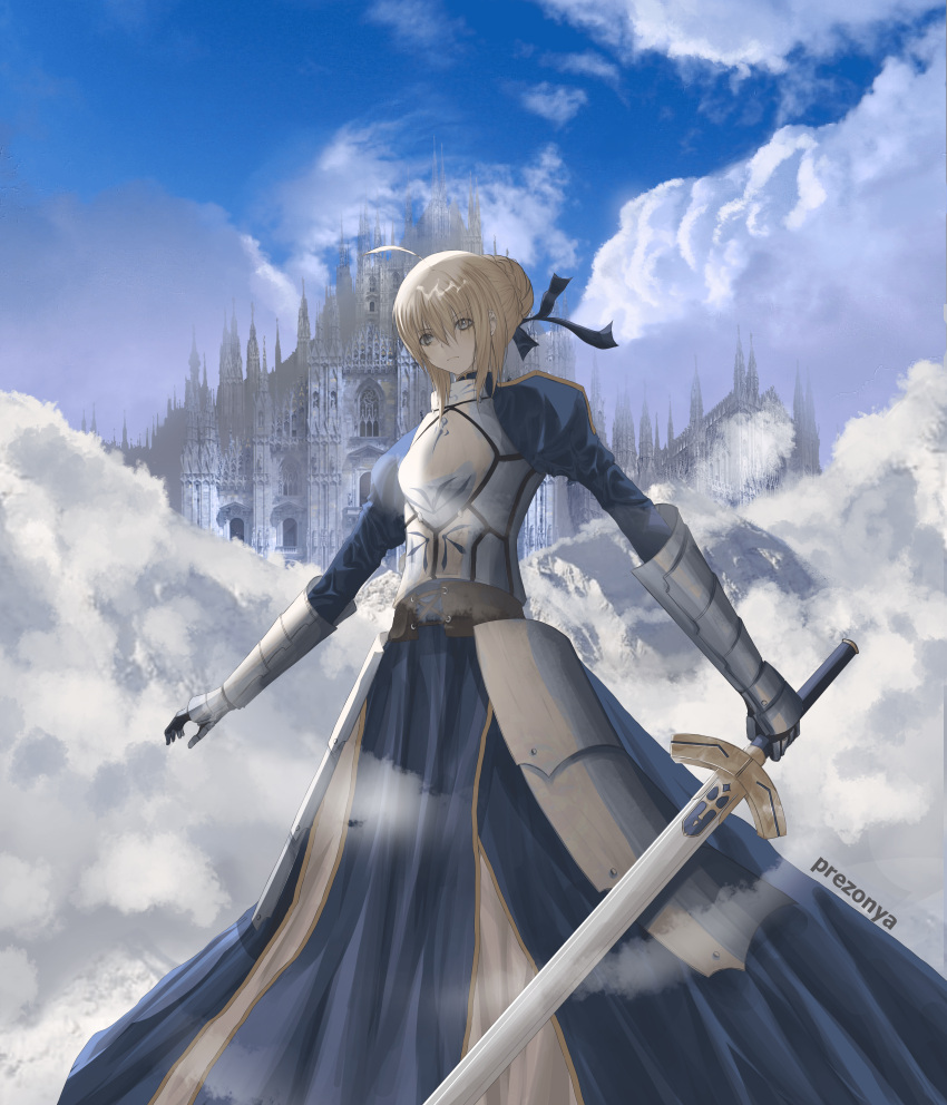 1girl absurdres ahoge architecture armor armored_dress artist_name artoria_pendragon_(all) bangs blonde_hair blue_dress blue_ribbon blue_sky braid braided_bun breastplate castle cloud cloudy_sky dress excalibur_(fate/stay_night) eyes_visible_through_hair fate/stay_night fate_(series) full_body gauntlets hair_between_eyes hair_bun hair_ribbon highres holding holding_sword holding_weapon huge_filesize knight long_sleeves prezonya46 ribbon saber sky solo sword water waves weapon