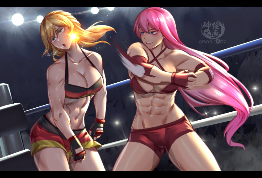 2girls abs arsonichawt black_gloves blonde_hair blue_eyes boxing_ring breasts catfight cleavage elbowing fingerless_gloves gloves green_eyes highres large_breasts letterboxed long_hair multiple_girls muscular muscular_female navel open_mouth original pink_hair red_gloves rolling_eyes ryona saliva short_shorts shorts smirk tank_top