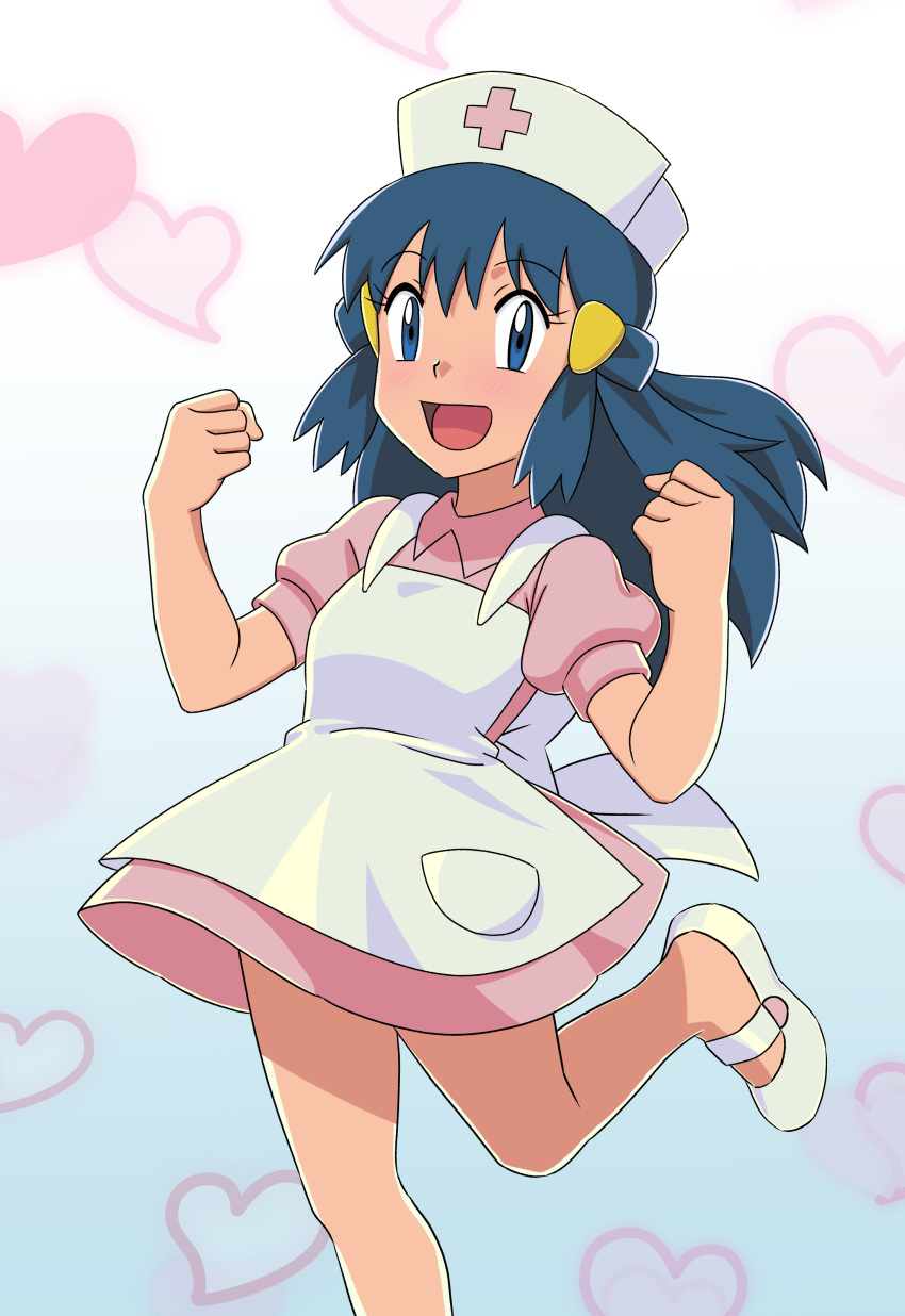 1girl :d absurdres apron bangs blue_eyes blue_hair clenched_hands collared_dress commentary_request cosplay dawn_(pokemon) dress eyebrows_visible_through_hair eyelashes hair_ornament hairclip hands_up hat heart highres joy_(pokemon) joy_(pokemon)_(cosplay) leg_up long_hair looking_at_viewer miraa_(chikurin) nurse nurse_cap open_mouth pink_dress pokemon pokemon_(anime) pokemon_dppt_(anime) shoes short_sleeves smile solo tongue white_apron white_footwear