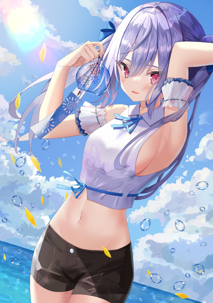 1girl absurdres arm_garter armpits arms_up bare_shoulders black_shorts blue_sky breasts cloud collared_shirt cowboy_shot crop_top day hair_ribbon highres holding long_hair looking_at_viewer medium_breasts midriff navel neck_ribbon ocean original outdoors parted_lips purple_hair red_eyes ribbon shirt short_shorts shorts sideboob sinobi_illust sky sleeveless sleeveless_shirt smile solo stomach sunlight twintails white_shirt wind_chime
