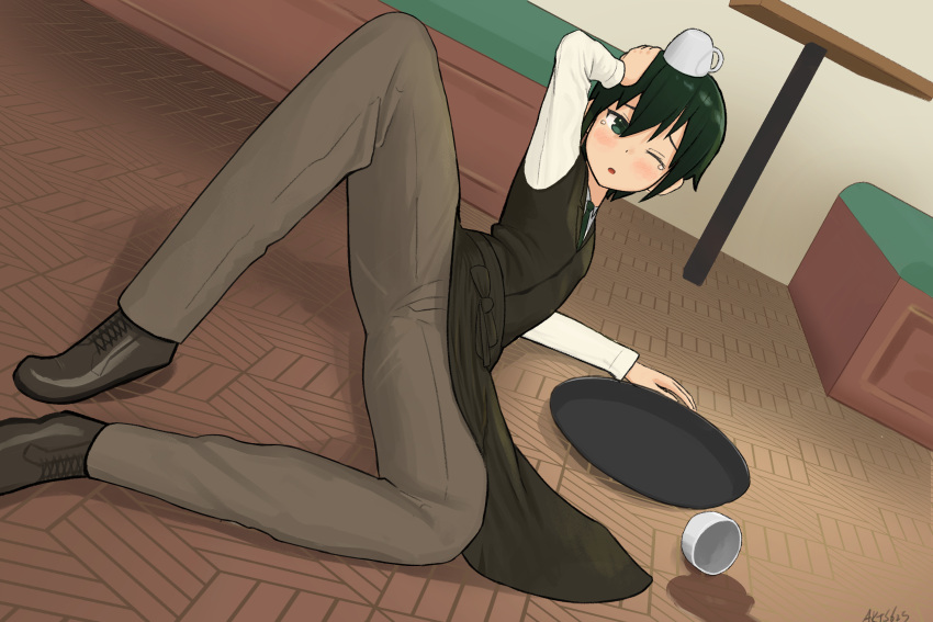 1girl akts625 androgynous apron artist_name bangs bench blush booth boots breasts brown_footwear brown_pants cafe commentary cup dutch_angle embarrassed fallen_down green_apron green_eyes green_hair green_neckwear green_vest hair_between_eyes hand_on_own_head hand_up highres kino_(kino_no_tabi) kino_no_tabi knee_up korean_commentary long_sleeves lying necktie object_on_head on_ground one_eye_closed pants parquet_floor parted_lips raised_eyebrows restaurant reverse_trap shirt short_hair signature small_breasts solo spill spread_legs table tea teacup tearing_up tomboy tray vest white_shirt wooden_floor