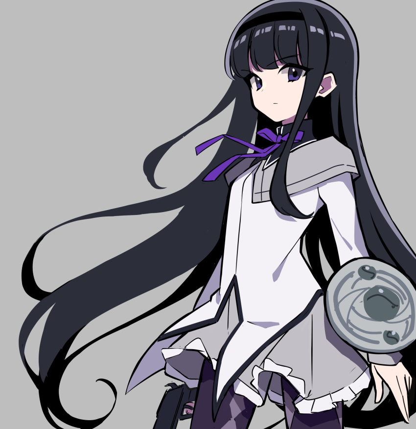 1girl absurdres akemi_homura argyle argyle_legwear bangs black_hair black_hairband closed_mouth eyebrows_visible_through_hair frown grey_background grey_skirt gun hairband highres holding holding_gun holding_weapon long_hair long_sleeves looking_at_viewer mahou_shoujo_madoka_magica neck_ribbon purple_eyes purple_legwear purple_neckwear ribbon shirt sidelocks simple_background skirt solo uhouhogorigori weapon white_shirt