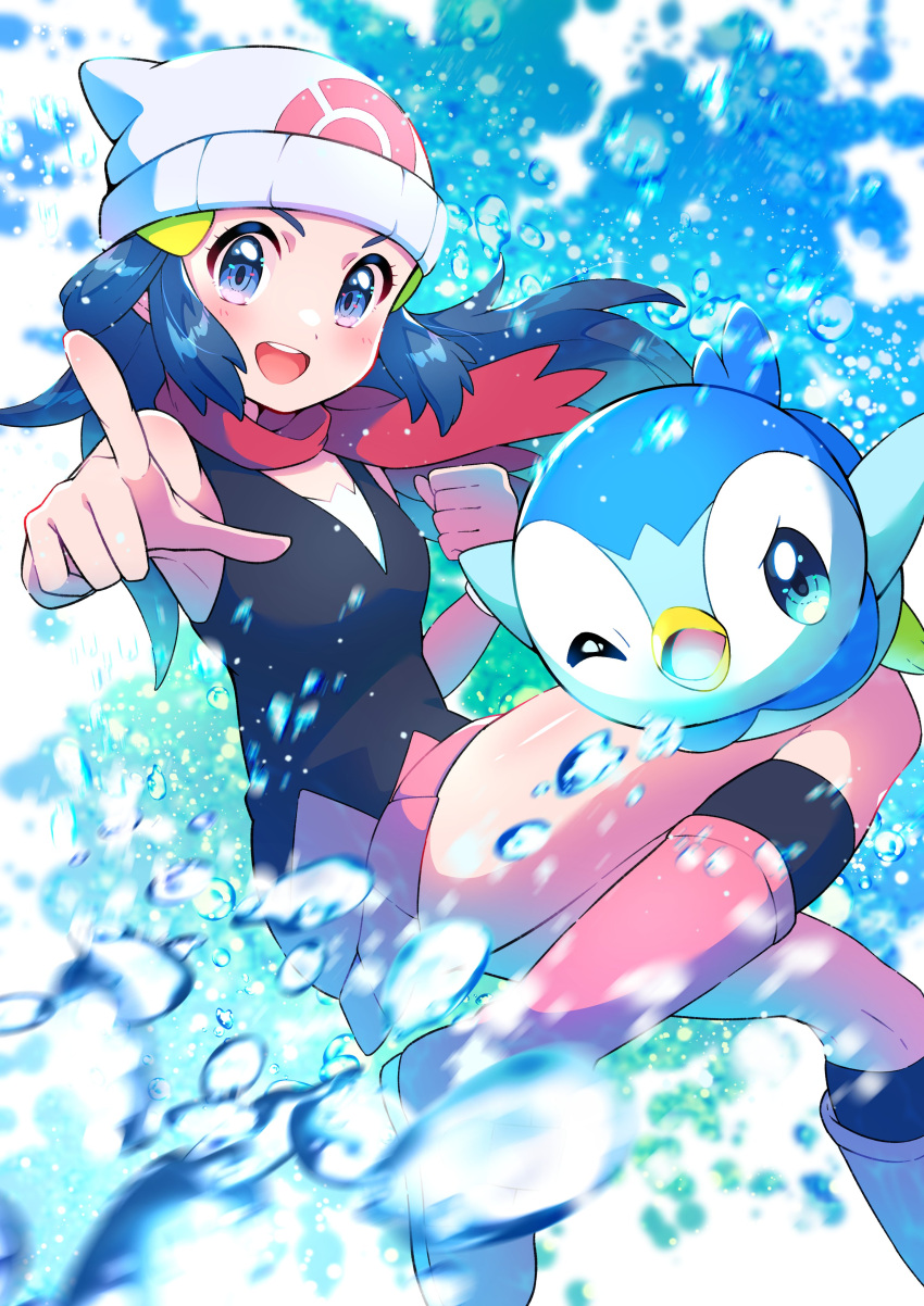 1girl :d absurdres beanie black_legwear blue_eyes blue_hair blurry blush boots clenched_hand commentary dawn_(pokemon) eyelashes floating_hair floating_scarf gen_4_pokemon hair_ornament hairclip hat highres long_hair looking_at_viewer open_mouth pink_footwear piplup pointing pokemon pokemon_(anime) pokemon_(creature) pokemon_dppt_(anime) pon_yui red_scarf scarf shiny shiny_skin sleeveless smile socks starter_pokemon tongue upper_teeth water water_drop white_headwear