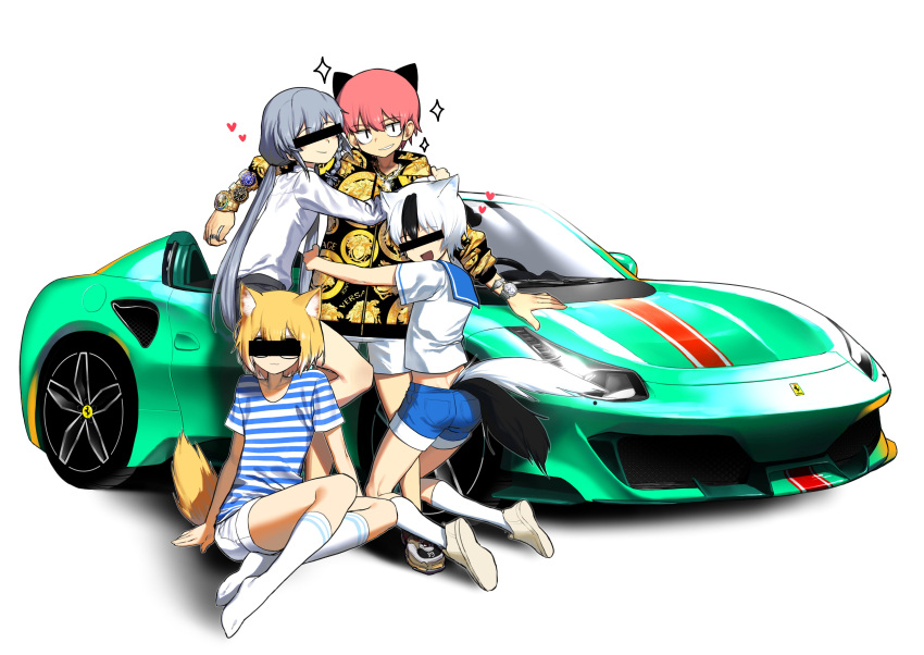 4boys absurdres animal_ear_fluff animal_ears ass bbzkibodepnmb1p black_hair blonde_hair braid car censored dog_ears dog_tail ferrari full_body grey_hair grin ground_vehicle heart highres hug identity_censor jewelry kim_tosyeo kneeling korean_text long_hair male_harem motor_vehicle multicolored_hair multiple_boys multiple_tails necklace open_mouth park_jinim_(parkgee) pink_hair real_life ring silver_hair simple_background single_braid smile socks sparkle tail tongkkangi tongkkangi_(streamer) twintails twitch.tv two-tone_hair two_tails watch white_background wristwatch yaoi