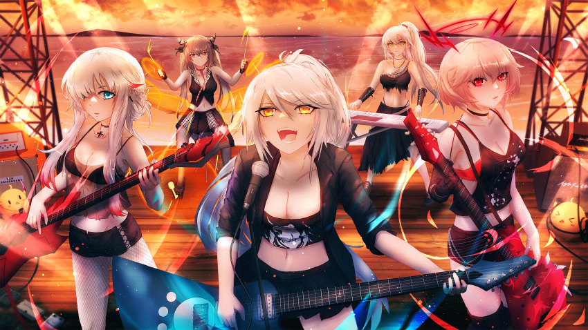 &gt;_&lt; 5girls absurdres alternate_costume asymmetrical_clothes azur_lane black_choker black_footwear black_jacket black_legwear black_ribbon black_shorts black_skirt black_tank_top blue_eyes braid breasts brown_hair choker cleavage concert drake_(azur_lane) drum drum_set drumsticks duca_degli_abruzzi_(azur_lane) electric_guitar fishnet_legwear fishnets french_braid guitar hair_horns hair_over_one_eye hair_ribbon halo high_ponytail highres instrument iron_cross jacket kirov_(azur_lane) large_breasts long_hair looking_at_viewer manjuu_(azur_lane) mechanical_arms medium_breasts microphone microphone_stand midriff miniskirt multicolored_hair multiple_girls northern_parliament_(emblem) odin_(azur_lane) open_clothes open_jacket outdoors pleated_skirt prosthesis prosthetic_arm red_eyes red_hair ribbon rideth_mochi san_francisco_(azur_lane) shoes short_hair short_shorts shorts single_mechanical_arm skirt sleeveless sleeveless_jacket stage streaked_hair tank_top thighhighs torn_clothes torn_skirt two-tone_hair white_hair wrist_guards yellow_eyes