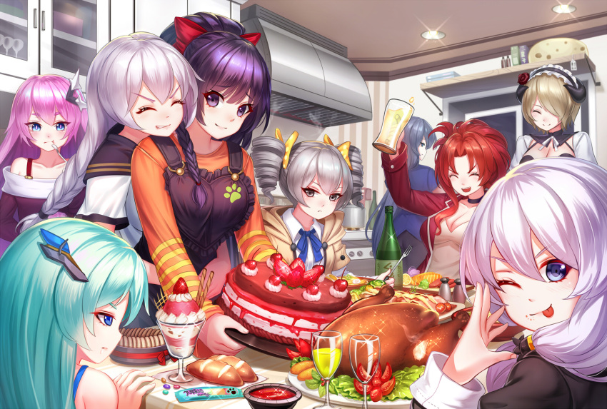 6+girls :o :p ;p alcohol apron back bangs bare_shoulders beer black_hair blue_eyes blue_hair blue_shirt braid bread breasts bronya_zaychik brown_hair brown_jacket cake ceiling ceiling_light cheese cleavage closed_eyes closed_mouth cup dinner drill_hair drinking_glass food fork fruit fu_hua grey_eyes grey_hair hair_between_eyes hair_ornament hair_over_one_eye highres holding holding_cup holding_fork holding_plate honkai_(series) honkai_impact_3rd hug ice_cream indoors jacket jurrig kiana_kaslana kitchen liliya_olenyeva long_hair long_sleeves looking_at_viewer looking_back maid maid_headdress multiple_girls night night_sky nun one_eye_closed open_mouth orange_shirt pepper pink_hair plate ponytail pot purple_eyes purple_hair raiden_mei red_hair red_jacket rita_rossweisse rita_rossweisse_(umbral_rose) rozaliya_olenyeva salt school_uniform shirt short_hair short_sleeves side_ponytail sky sleeveless smile stove strawberry table theresa_apocalypse theresa_apocalypse_(valkyrie_pledge) tongue tongue_out turkey_(food) twin_braids twin_drills utensil_in_mouth v-shaped_eyebrows white_hair white_shirt window wine wine_glass