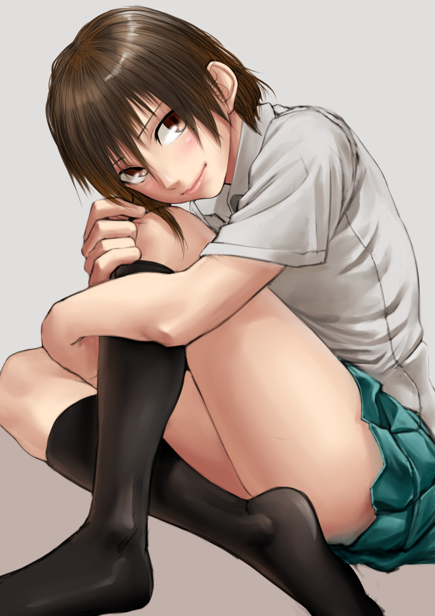 1girl absurdres black_legwear brown_eyes brown_hair closed_mouth collared_shirt green_skirt grey_background highres hugging_own_legs kirie_kairi looking_at_viewer medium_hair no_shoes original pink_lips pleated_skirt school_uniform shirt short_sleeves simple_background sitting skirt smile socks solo white_shirt wing_collar