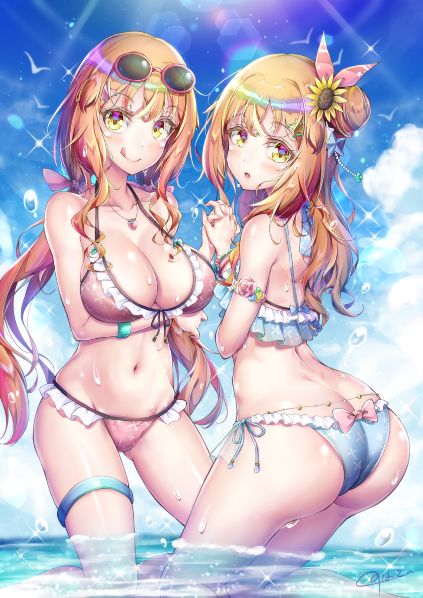 1boy 1girl ass bikini bow bow_panties breasts brother_and_sister cleavage crossdressing eyewear_on_head flower frilled_bikini frills hair_ornament hairclip heart heart_hair_ornament highres lace-trimmed_bikini lace_trim large_breasts looking_back midriff natsusora_aona natsusora_wakana navel nobady orange_hair original otoko_no_ko panties siblings side-tie_skirt star_(symbol) star_hair_ornament sunflower sunglasses swimsuit twins underwear