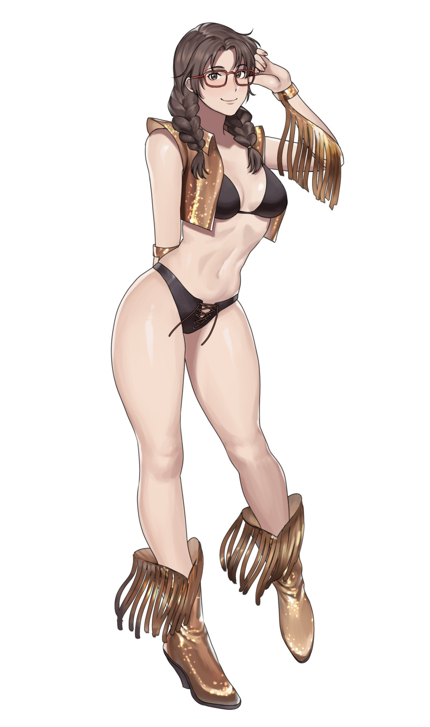 1girl absurdres arm_behind_back bikini black_bikini boots braid breasts brown_eyes brown_hair commission cosplay cowboy_boots cropped_vest dead_or_alive detached_sleeves english_commentary full_body glasses gold_footwear hanny_(uirusu_chan) highres julia_chang long_legs looking_at_viewer medium_breasts medium_hair navel red-framed_eyewear smile solo standing swimsuit tassel tekken tina_armstrong tina_armstrong_(cosplay) twin_braids vest