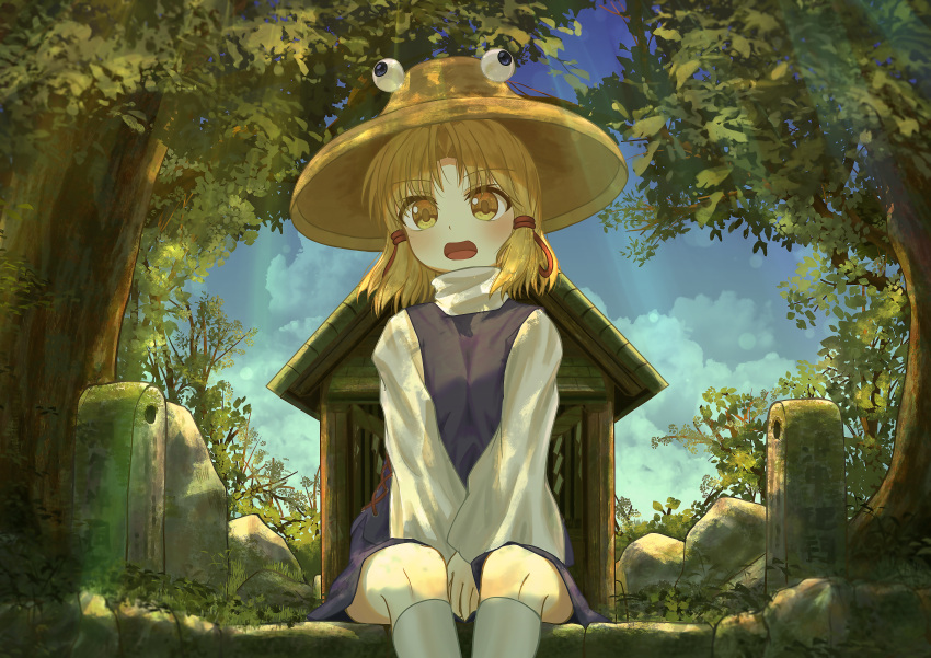 1girl absurdres bangs between_legs blonde_hair blue_sky cloud commentary_request day ekaapetto eyebrows_visible_through_hair feet_out_of_frame hair_ribbon hand_between_legs hat high_collar highres kneehighs light_rays long_sleeves looking_at_viewer moriya_suwako moss open_mouth outdoors parted_bangs purple_skirt purple_vest ribbon rope shide shimenawa shirt short_hair shrine sidelocks sitting skirt sky solo sunbeam sunlight touhou tree v_arms vest white_legwear white_shirt yellow_eyes