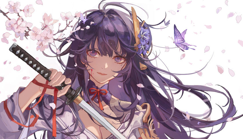 1girl absurdres bangs breasts bug butterfly cherry_blossoms cleavage closed_mouth falling_petals flower genshin_impact hair_flower hair_ornament highres insect japanese_clothes kimono large_breasts long_hair looking_at_viewer mole mole_under_eye petals purple_eyes purple_flower purple_hair raiden_(genshin_impact) ribbon smile solo sword tassel tree_branch weapon white_background wide_sleeves zerotabi1210