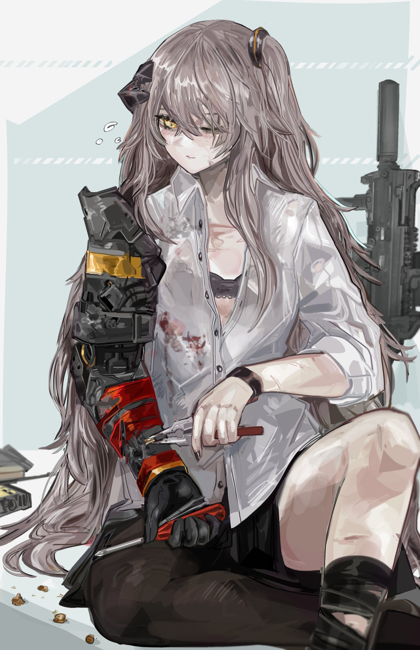 1girl black_bra black_nails blood bloody_clothes bra breasts brown_hair bullet collared_shirt commentary english_commentary girls'_frontline gun h&amp;k_ump hair_between_eyes headgear highres holding_screwdriver long_hair mechanical_arms mod3_(girls'_frontline) nail_polish nslacka one_eye_closed one_side_up open_clothes open_shirt pliers repairing scar scar_across_eye screwdriver shirt single_leg_pantyhose single_mechanical_arm sitting sleeves_rolled_up small_breasts solo submachine_gun suppressor ump45_(girls'_frontline) underwear very_long_hair weapon white_shirt yellow_eyes