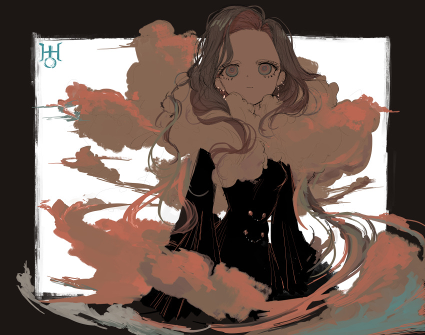 1girl black_border black_dress border brown_eyes closed_mouth cloud dress earrings expressionless frown jewelry long_hair long_sleeves looking_at_viewer narue original personification simple_background sketch solo wavy_hair white_background