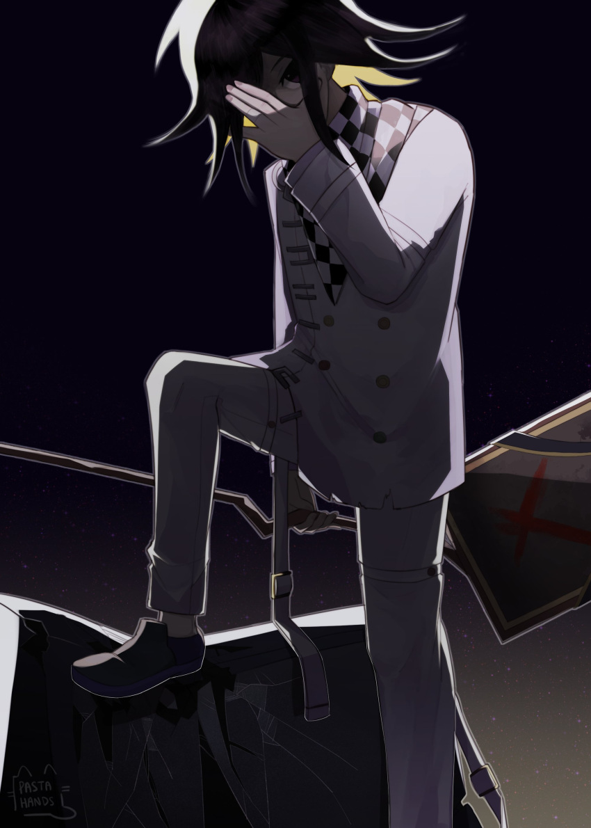 1boy absurdres ahoge bangs black_hair blonde_hair buttons checkered checkered_neckwear checkered_scarf covering_face covering_mouth covering_one_eye danganronpa_(series) danganronpa_v3:_killing_harmony english_commentary foot_out_of_frame foot_up grey_jacket grey_pants hair_between_eyes highres holding jacket long_sleeves looking_at_viewer male_focus multicolored_hair ouma_kokichi pants pastahands purple_eyes scarf shoes short_hair solo two-tone_hair