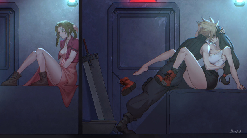 1boy 2girls aerith_gainsborough against_wall bare_legs black_hair black_skirt blonde_hair boots breasts brown_hair buster_sword cleavage cloud_strife crop_top cropped_jacket dark_duck final_fantasy final_fantasy_vii footwear_removed highres imminent_kiss jacket long_hair low-tied_long_hair multiple_girls prison_cell red_jacket shoes single_shoe sitting skirt spiked_hair tank_top tifa_lockhart