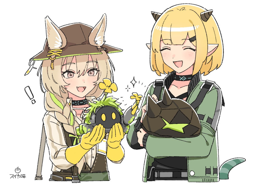 2girls animal_ears arknights bangs beanstalk_(arknights) blonde_hair blunt_bangs braid brown_hair eyebrows_visible_through_hair fang flower gloves grey_eyes hat horns hyena_ears infection_monitor_(arknights) jacket lizard_tail long_hair melonwaterlemon metal_crab_(arknights) multiple_girls open_mouth originium_slug_(arknights) pointy_ears short_hair skin_fang symbol_commentary tail vanilla_(arknights)