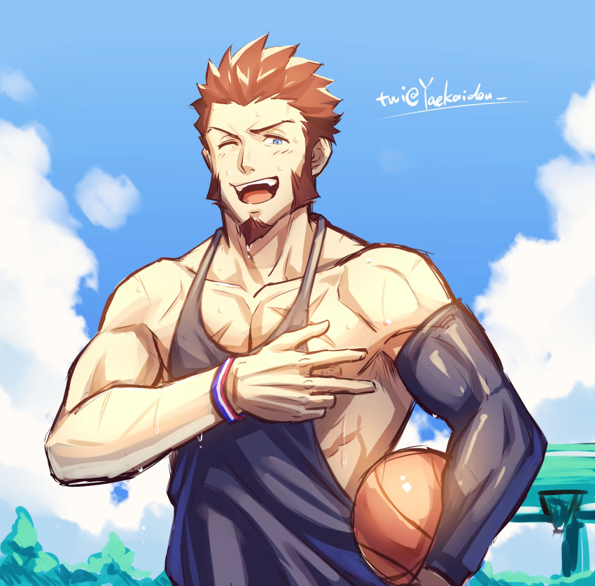 1boy alternate_costume bara basketball black_tank_top blue_eyes blush brown_hair clothes_pull cloud cloudy_sky day facial_hair fate/grand_order fate_(series) goatee highres long_sideburns looking_at_viewer male_cleavage male_focus mature_male muscular muscular_male napoleon_bonaparte_(fate) nipples pectorals pulled_by_self scar scar_on_chest shirt_pull short_hair sideburns sidepec sky smile solo sweat tank_top toned toned_male upper_body yaosan233