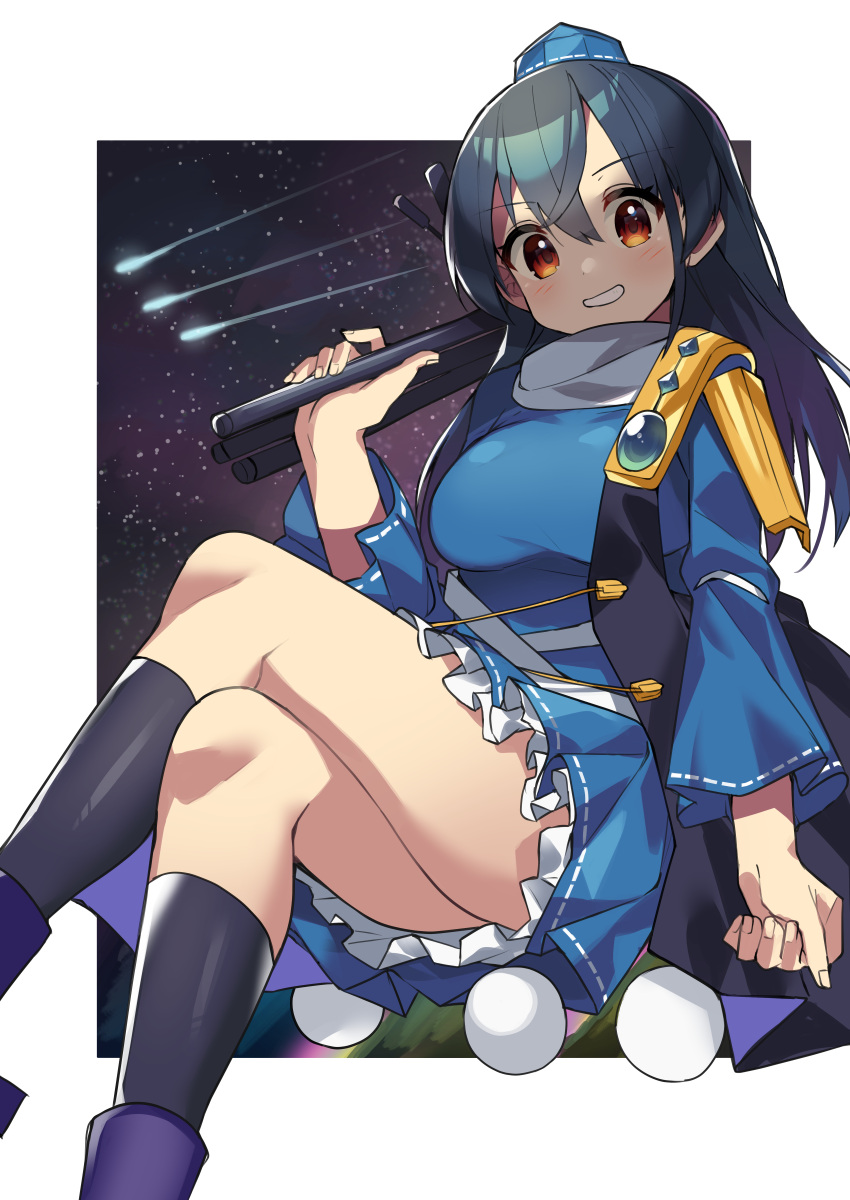 1girl absurdres bangs black_hair black_legwear blue_dress blue_headwear blush border breasts commentary_request crossed_legs dress eyebrows_visible_through_hair feet_out_of_frame frilled_dress frills hair_between_eyes hat highres holding_tripod iizunamaru_megumu kneehighs long_hair long_sleeves looking_at_viewer looking_down night night_sky outside_border pom_pom_(clothes) purple_footwear red_eyes sakaki_(utigi) shoulder_guard sitting sky smile solo star_(sky) starry_sky teeth tokin_hat touhou tripod white_border wide_sleeves