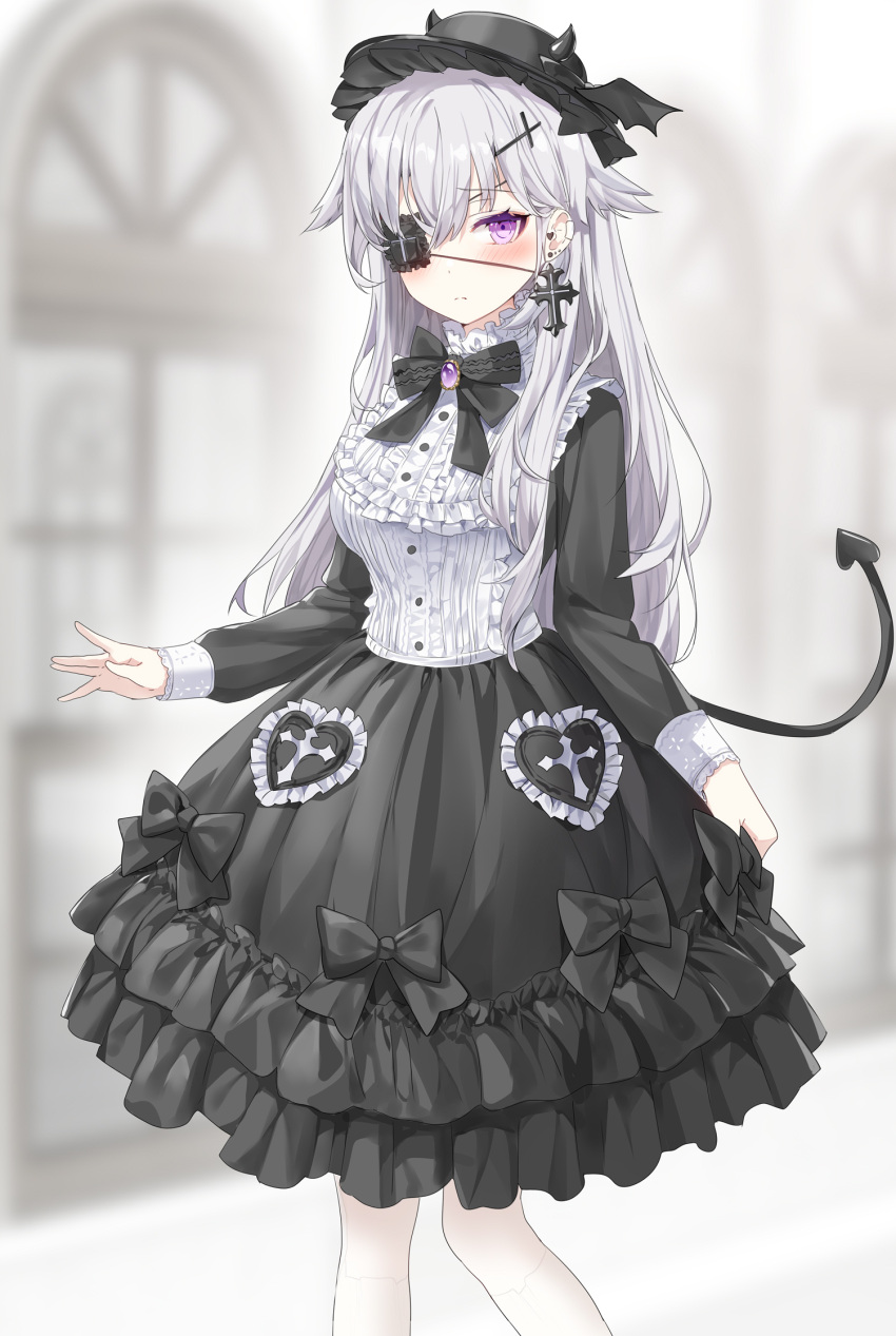 1girl black_headwear black_skirt blurry bow bowtie breasts brooch buttons closed_mouth commentary_request cross cross_earrings demon_tail depth_of_field ear_piercing earrings eyepatch frilled_shirt frilled_skirt frills hat head_wings highres jewelry lolita_fashion long_hair long_sleeves looking_at_viewer medium_breasts original piercing purple_eyes ronopu shirt skirt solo standing tail white_hair white_shirt