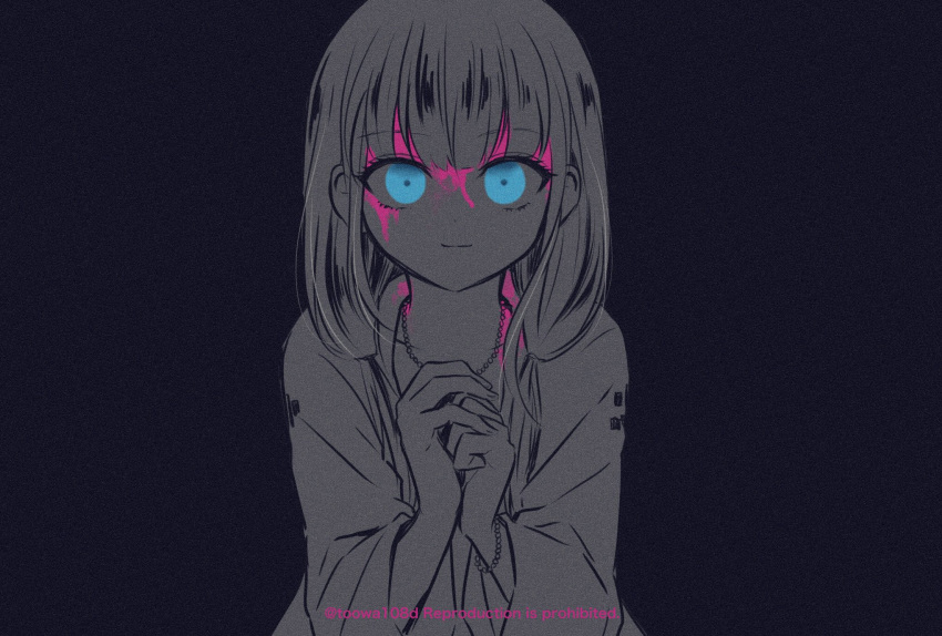 108_(toowa) 1girl bangs blood blood_on_face bloody_clothes blue_eyes collarbone commentary_request danganronpa_(series) danganronpa_v3:_killing_harmony glowing hands_up highres jacket jewelry limited_palette long_hair long_sleeves looking_at_viewer low_twintails monochrome necklace own_hands_together smile solo spot_color twintails twitter_username upper_body yonaga_angie