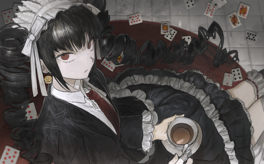 1girl bangs bell bell_earrings black_dress black_hair black_legwear bonnet card celestia_ludenberg claw_ring commentary_request cup danganronpa:_trigger_happy_havoc danganronpa_(series) dress drill_hair earrings eyelashes feet_out_of_frame frilled_dress frilled_legwear frills from_above glaring gothic_lolita highres holding holding_cup jewelry lolita_fashion long_hair mabelmine necktie playing_card red_eyes red_neckwear shirt sidelocks sitting solo teacup twin_drills white_shirt