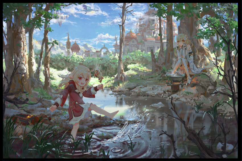 2girls :d ahoge alternate_hairstyle ayaxno backpack bag bag_charm bag_removed bangs barefoot bloomers blue_sky building cauldron charm_(object) cloud cloudy_sky coat commentary_request detached_sleeves dodoco_(genshin_impact) eyebrows_visible_through_hair fish forest genshin_impact hair_between_eyes hair_down head_rest highres holding hooded_coat in_water kicking klee_(genshin_impact) light_brown_hair long_hair long_sleeves looking_at_viewer lumine_(genshin_impact) multiple_girls nature no_gloves open_mouth pocket pointy_ears randoseru red_coat river scarf scenery short_hair short_hair_with_long_locks sidelocks sitting sky skyscraper smile stove tree underwear vision_(genshin_impact) white_scarf
