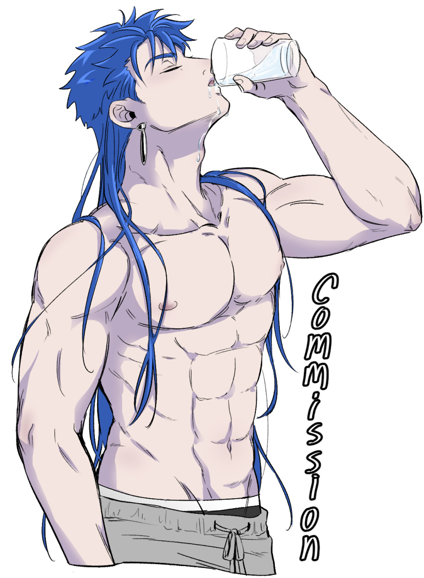 1boy 5_horulu abs adam's_apple biceps blue_hair closed_eyes collarbone commission cu_chulainn_(fate)_(all) cu_chulainn_(fate/stay_night) cup drinking drinking_glass earrings fate/stay_night fate_(series) hair_down highres jewelry long_hair male_focus male_underwear muscular muscular_male navel nipples open_mouth pectorals shirtless simple_background solo spiked_hair underwear water white_background