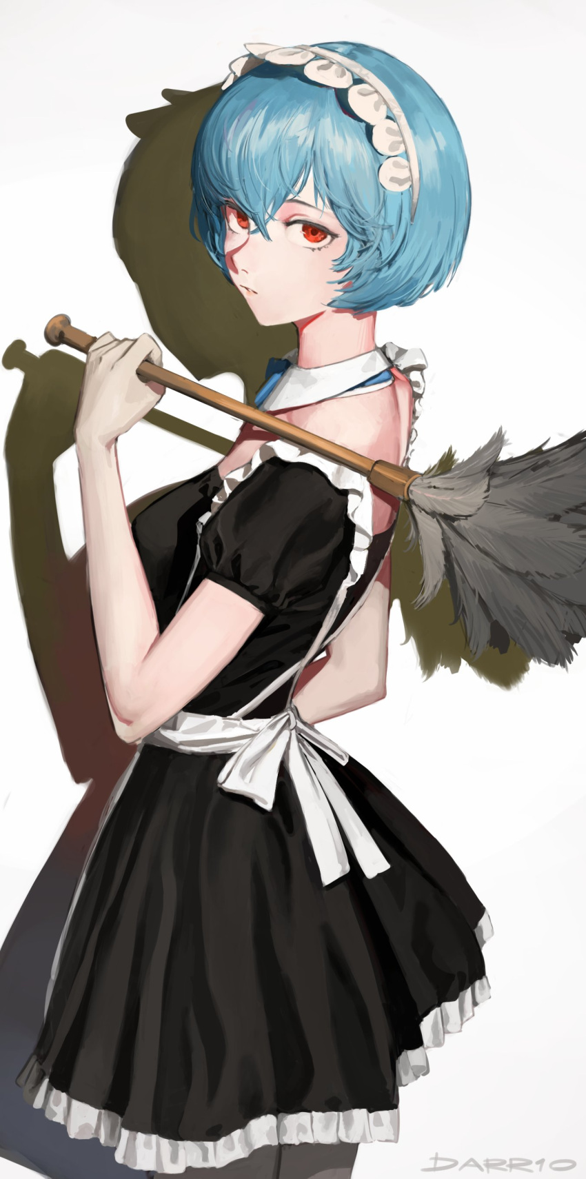 1girl absurdres alternate_costume apron ayanami_rei blue_hair bob_cut cowboy_shot darr1o detached_collar feather_duster frills from_behind hair_between_eyes highres holding looking_at_viewer looking_back maid maid_apron maid_headdress neon_genesis_evangelion parted_lips puffy_short_sleeves puffy_sleeves red_eyes shadow short_hair short_sleeves signature solo white_background