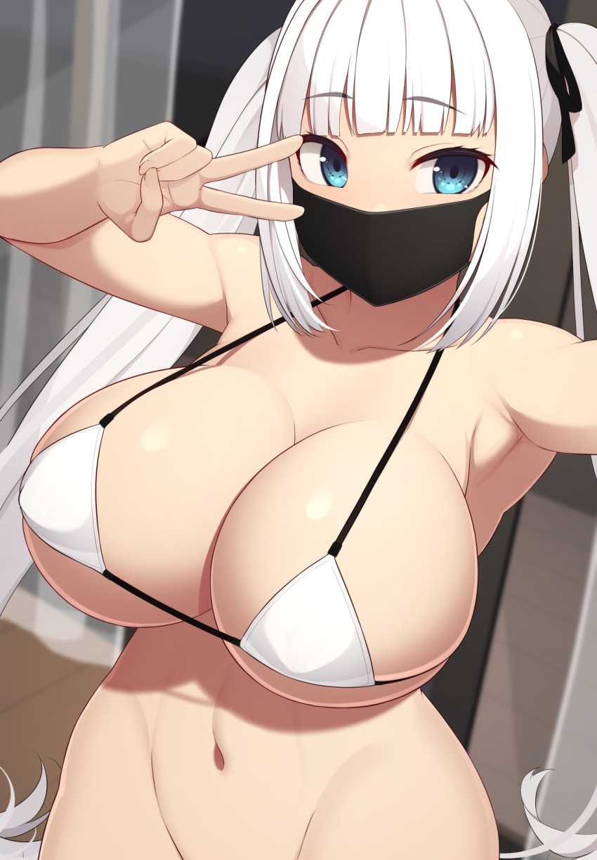 1girl bangs bikini blue_eyes blunt_bangs blush breasts cleavage collarbone commentary_request curtains eyebrows_visible_through_hair groin hair_ribbon halter_top halterneck highres huge_breasts indoors long_hair looking_at_viewer mask micro_bikini navel original out-of-frame_censoring reaching_out ribbon samegami selfie sidelocks solo string_bikini swimsuit toned twintails v white_bikini white_hair