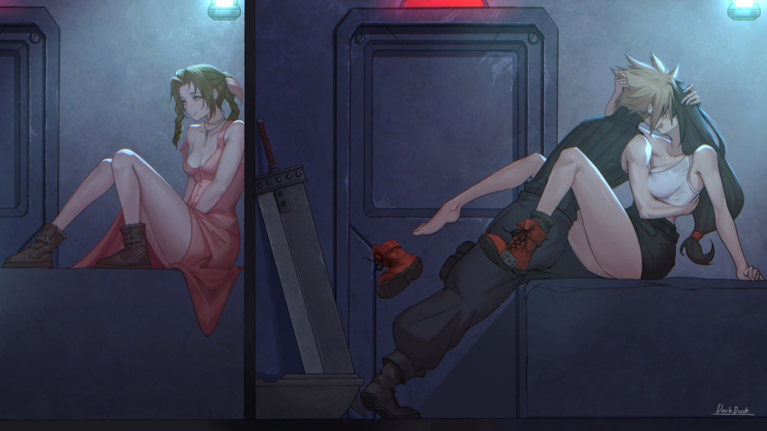1boy 2girls aerith_gainsborough against_wall bare_legs black_hair black_skirt blonde_hair boots breasts brown_hair buster_sword cleavage cloud_strife crop_top dark_duck final_fantasy final_fantasy_vii footwear_removed highres imminent_kiss long_hair low-tied_long_hair multiple_girls off_shoulder prison_cell shoes single_shoe sitting skirt spiked_hair tank_top tifa_lockhart