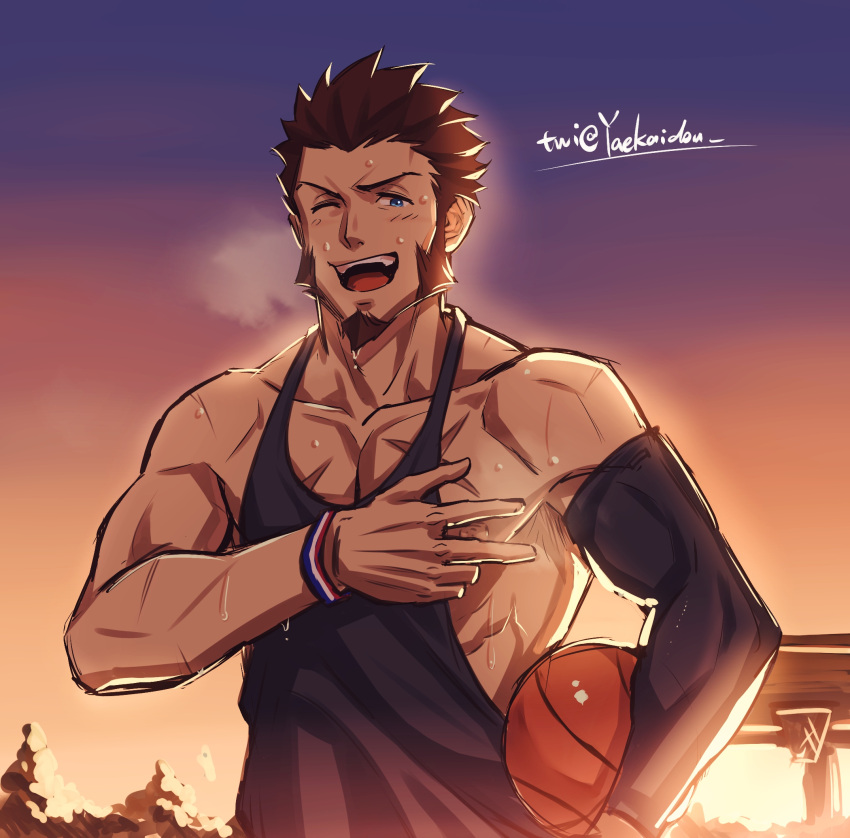 1boy alternate_costume bara basketball black_tank_top blue_eyes blush breath brown_hair clothes_pull facial_hair fate/grand_order fate_(series) goatee highres long_sideburns looking_at_viewer male_cleavage male_focus mature_male muscular muscular_male napoleon_bonaparte_(fate) nipples pectorals pulled_by_self scar scar_on_chest shirt_pull short_hair sideburns sidepec sky smile solo sunset sweat tank_top toned toned_male upper_body yaosan233