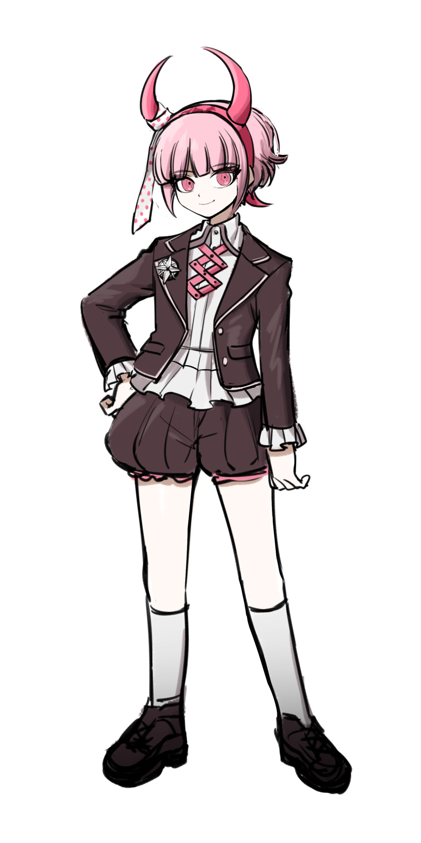 1boy absurdres arm_at_side bangs black_footwear black_jacket black_shorts blunt_bangs danganronpa_(series) danganronpa_another_episode:_ultra_despair_girls eyebrows_visible_through_hair fake_horns full_body genderswap genderswap_(ftm) hand_on_hip highres horns jacket kneehighs looking_at_viewer necktie necktie_removed no_(xpxz7347) open_clothes open_jacket pink_eyes pink_hair pink_horns polka_dot_neckwear puffy_shorts shirt shoes short_hair shorts smile solo utsugi_kotoko white_shirt