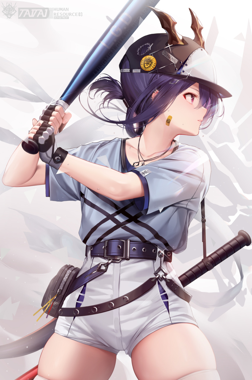 1girl absurdres arknights bandaid bandaid_on_face bangs baseball_bat baseball_cap belt blue_hair ch'en_(arknights) chinese_commentary collarbone commentary_request cowboy_shot dragon_horns dragon_tail fingerless_gloves folded_ponytail gloves grey_shirt hair_between_eyes hat highres holding horns jewelry long_hair necklace parted_lips piercing pouch red_eyes shirt shirt_tucked_in shorts sidelocks simple_background skindentation solo sportswear t-shirt tail taitai thighhighs thighs uniform white_legwear white_shorts
