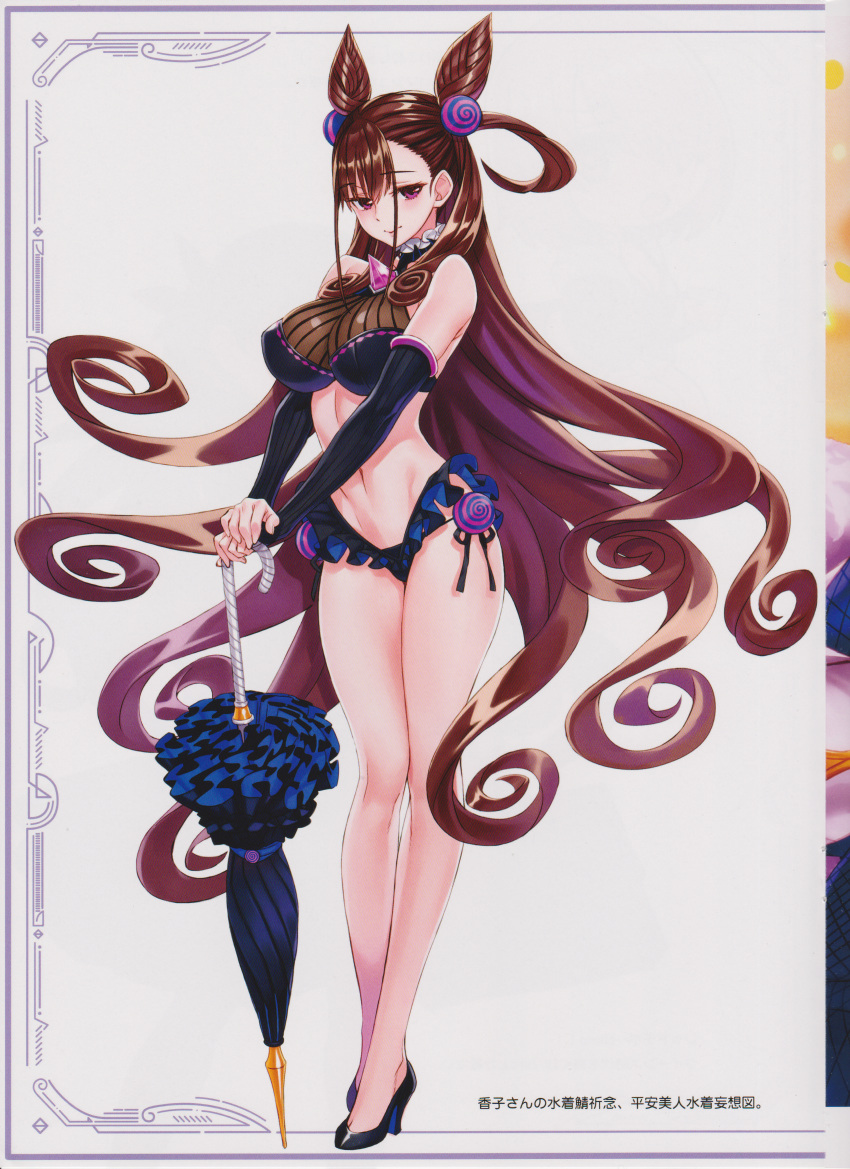 1girl absurdres bangs bare_shoulders bikini black_footwear breasts brown_hair closed_mouth eyebrows_visible_through_hair fate/grand_order fate_(series) frills full_body hair_ornament high_heels highres holding huge_filesize large_breasts lips long_hair looking_at_viewer matsuryuu murasaki_shikibu_(fate) murasaki_shikibu_(swimsuit_rider)_(fate) navel purple_eyes scan shiny shiny_hair simple_background solo standing stomach swimsuit thighs tied_hair umbrella white_background