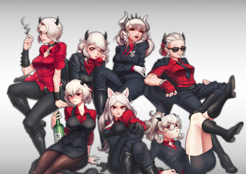 animal_ears business_suit cerberus_(helltaker) devil helltaker horns junik justice_(helltaker) lucifer_(helltaker) malina_(helltaker) megane modeus_(helltaker) pandemonica_(helltaker) pantyhose sweater tail zdrada_(helltaker)