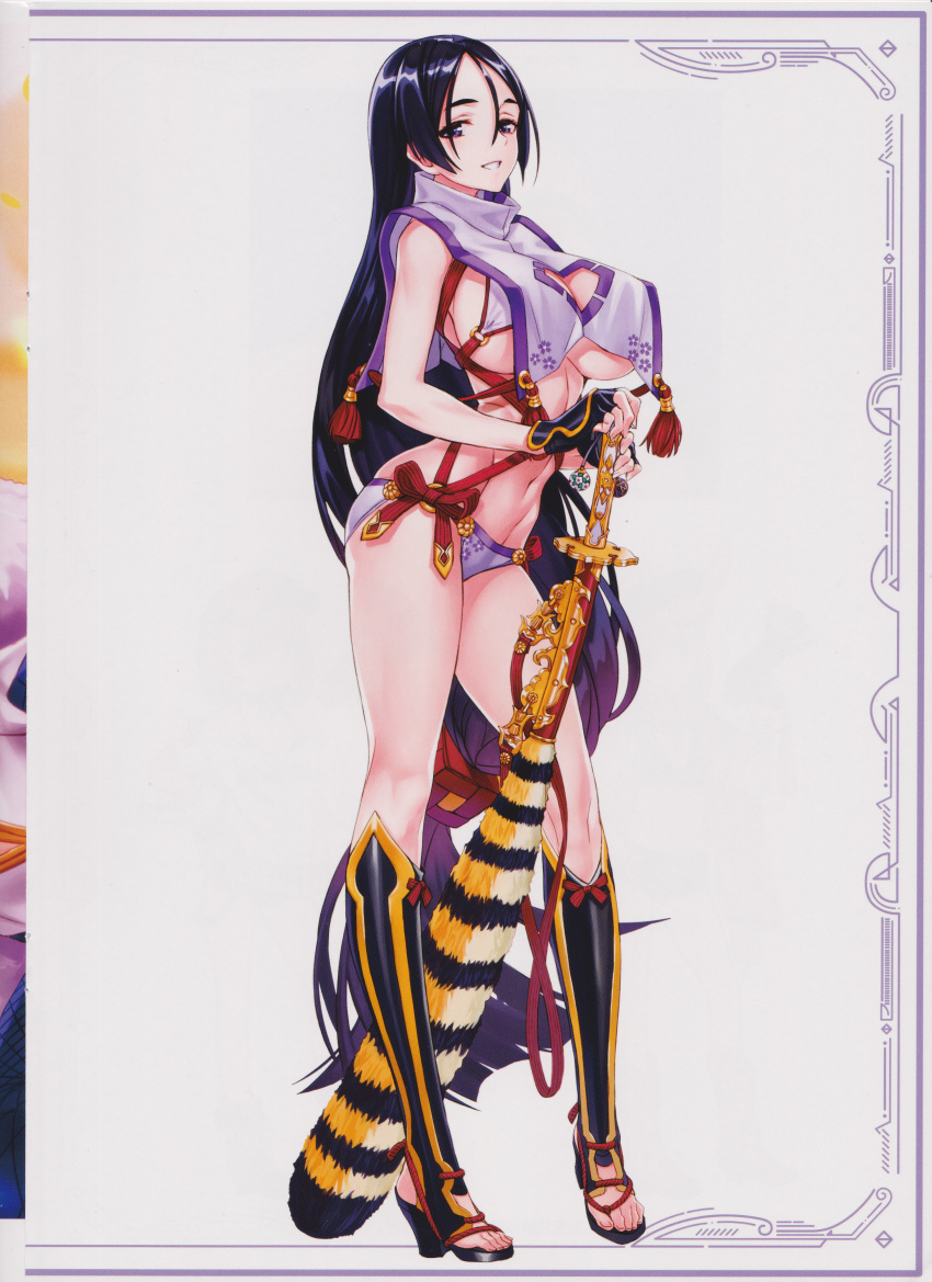 1girl absurdres bangs bikini breasts clothing_cutout fate/grand_order fate_(series) fingerless_gloves full_body gloves hair_ornament high_heels highres holding huge_filesize katana large_breasts long_hair looking_at_viewer low-tied_long_hair matsuryuu minamoto_no_raikou_(fate) minamoto_no_raikou_(swimsuit_lancer)_(fate) navel parted_bangs purple_eyes purple_hair scan sheath sheathed shiny shiny_hair simple_background smile solo standing stomach swimsuit sword thighs toeless_footwear toes very_long_hair weapon white_background