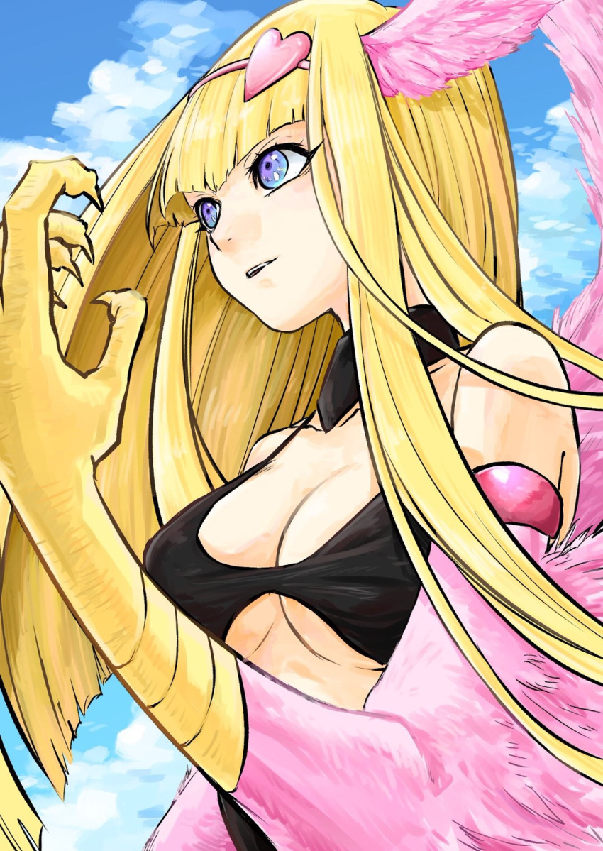 1girl alpha_tama animal_hands bangs blonde_hair blue_eyes breasts claws cleavage commentary_request duel_monster feathered_wings feathers hair_ornament harpie_girl harpy heart heart_hair_ornament highres long_hair medium_breasts monster_girl parted_lips pink_feathers pink_wings sky solo winged_arms wings yu-gi-oh!