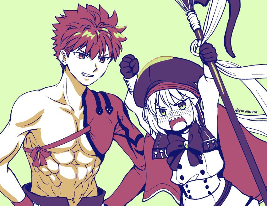 1boy 1girl abs arms_up artoria_pendragon_(all) artoria_pendragon_(caster)_(fate) bangs beret blush brown_eyes clenched_teeth cloak coat commentary_request emiya_shirou fate/grand_order fate_(series) gloves green_background green_eyes hands_on_hips hat highres holding holding_staff igote limited/zero_over looking_at_another muscular muscular_male navel open_mouth paraiso red_hair ribbon sengo_muramasa_(fate) sharp_teeth simple_background spiked_hair staff sweatdrop teeth twitter_username v-shaped_eyebrows