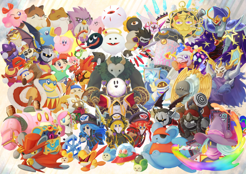 adeleine anniversary axe axe_knight_(kirby) bandana bandana_waddle_dee beret captain_vul chuchu_(kirby) commentary_request coo_(kirby) dark_matter dark_matter_blade dark_meta_knight dark_mind dark_nebula daroach dimension_mirror doc_(kirby) drawcia dual_persona everyone flamberge_(kirby) francisca_(kirby) galacta_knight galactic_nova galaxia_(sword) gooey hammer hat highres horns hyness javelin_knight kine_(kirby) king_dedede kirby kirby_(series) lor_starcutter mace_knight magolor marx meta_knight mizusuibo morpho_knight n-z nago_(kirby) nightmare_(kirby) paint paintbrush painting_(object) pitch_(kirby) polearm ribbon_(kirby) rick_(kirby) robobot_armor sailor_waddle_dee shadow_dedede shadow_kirby spear spinni squeakers star_dream storo susie_(kirby) sword taranza top_hat treasure_chest twitter_username ufo void_termina watermark weapon wings witch_hat zan_partizanne zero_(kirby) zero_two_(kirby)