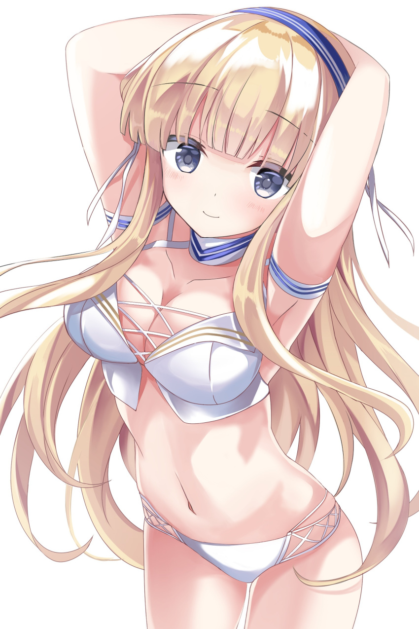 1girl absurdres arm_strap armpits arms_behind_head arms_up bangs bikini blonde_hair blue_choker blue_eyes blue_hairband blunt_bangs breasts choker cleavage closed_mouth commentary cowboy_shot eyebrows_visible_through_hair fathom fletcher_(kancolle) hairband highres kantai_collection long_hair long_sleeves looking_at_viewer medium_breasts multi-strapped_bikini navel simple_background smile solo standing swimsuit white_background white_bikini