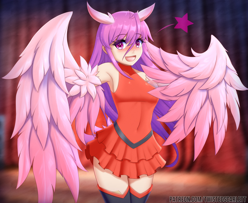 1girl :d bangs bare_shoulders bird_tail black_legwear blush breasts covered_navel english_commentary eyebrows_visible_through_hair feather_hair feathered_wings feathers hair_between_eyes harpy highres long_hair medium_breasts monster_girl navel nipples open_mouth original patreon_username pink_eyes pink_feathers pink_hair pink_wings pussy red_skirt skirt sleeveless smile solo star-shaped_pupils star_(symbol) symbol-shaped_pupils tail tail_feathers thighhighs twistedscarlett60 very_long_hair winged_arms wings