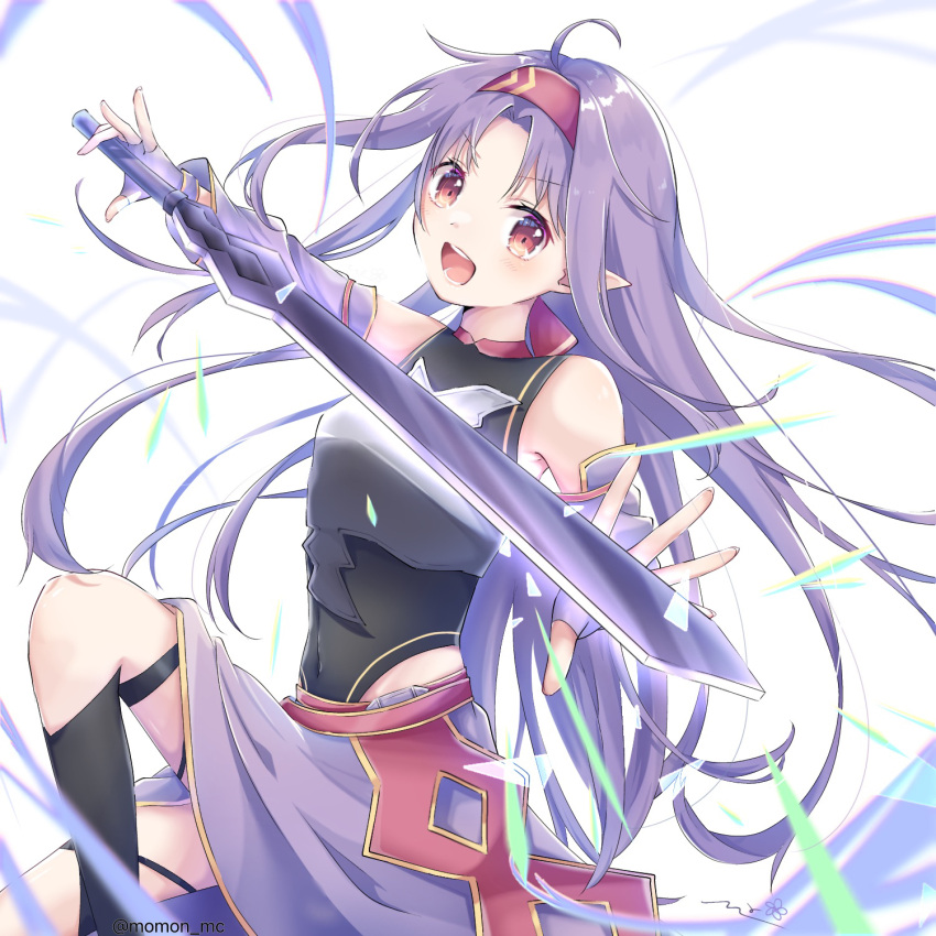 1girl ahoge armor bangs blush breastplate covered_navel detached_sleeves eyebrows_visible_through_hair fingerless_gloves gloves hairband highres holding holding_sword holding_weapon long_hair looking_at_viewer momon_mc open_mouth parted_bangs pointy_ears purple_hair red_eyes red_hairband solo sword sword_art_online twitter_username upper_teeth weapon white_background yuuki_(sao)
