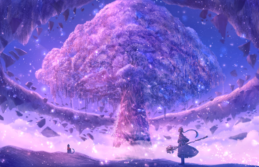 1girl ahoge black_cat capelet cat cloud commentary_request dress dust fantasy floating_rock full_body giant_tree gradient_sky highres holding holding_staff long_hair original outdoors ponytail purple_capelet purple_dress purple_sky purple_theme sakimori_(hououbds) scenery sky solo sparkle staff star_(sky) starry_sky tree