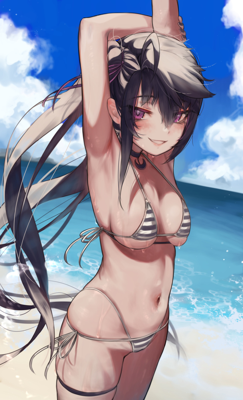 1girl absurdres ahoge armpits arms_up bangs beach bikini blue_sky blush breasts cloud commentary day eyebrows_visible_through_hair grin hair_between_eyes hair_ribbon highleg highleg_bikini highres long_hair looking_at_viewer medium_breasts multi-strapped_bikini navel ocean original outdoors parted_lips priite_hari_(torriet) purple_eyes purple_ribbon revision ribbon side-tie_bikini sky smile solo standing stomach striped striped_bikini swimsuit thigh_strap torriet twintails very_long_hair wet white_bikini